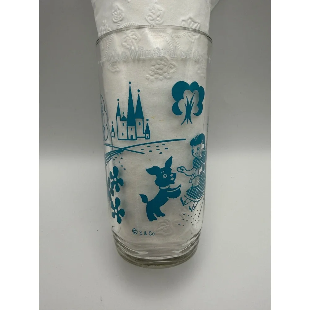 Vintage Wizard of Oz‎ Toto Teal Blue Glass Tumbler Wavy Bottom S&Co